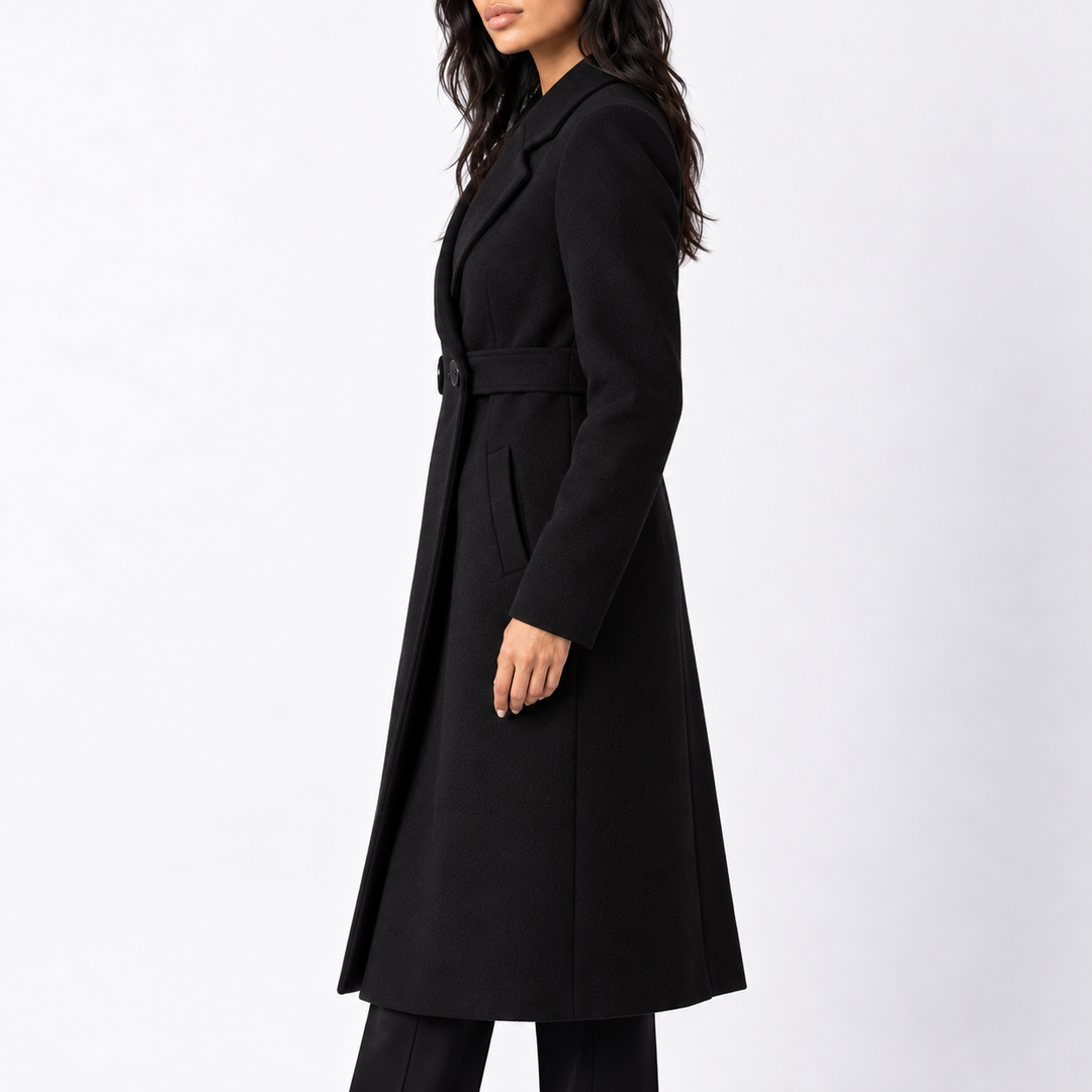 Women’s Long Belted Wool Winter Coat with Wide Lapels and Side Pockets