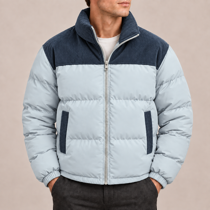 Men’s Puffer Jacket with Corduroy Collar & Panels