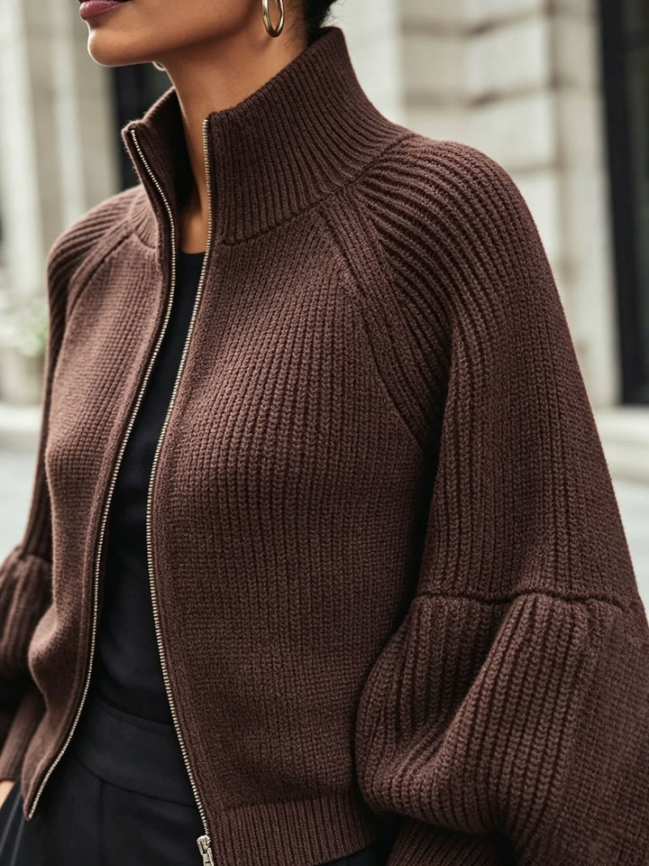 Gwyneth | Zip-Up Puff-Sleeve Cardigan