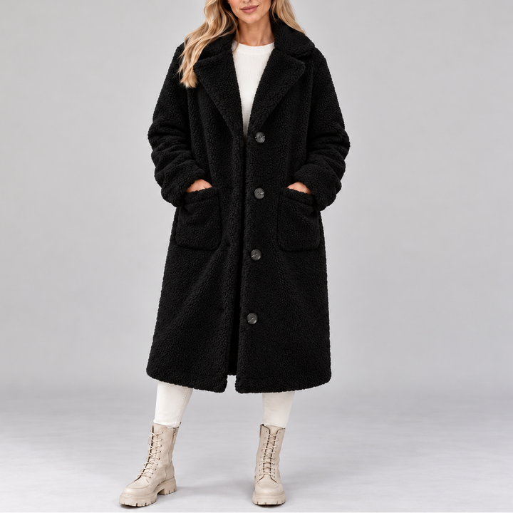 Women's Long Teddy Fleece Coat – Oversized Button Up Winter Jacket