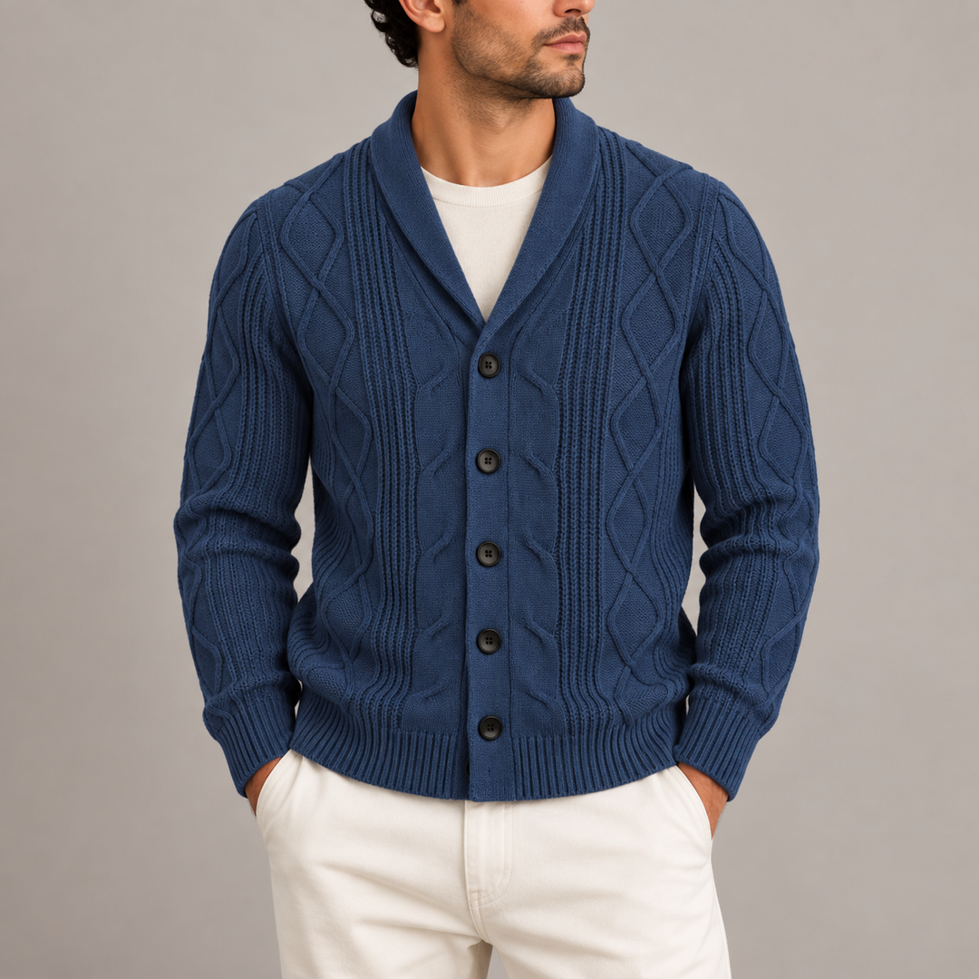 Men’s Cable Knit Cardigan with Shawl Collar and Button Front