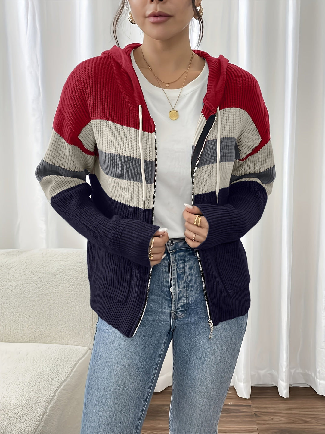 Susannah | Colour-Block Hooded Zip Cardigan