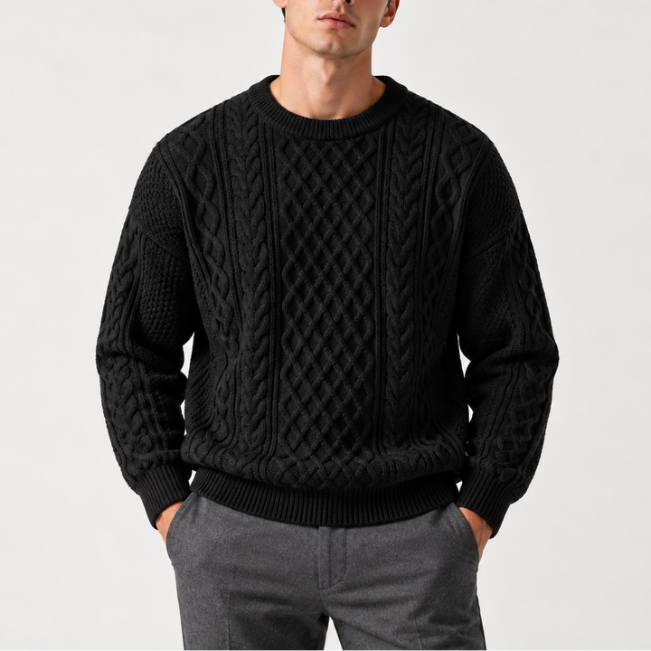 Men’s Gray Cable Knit Crew Neck Sweater – Warm Winter Sweater
