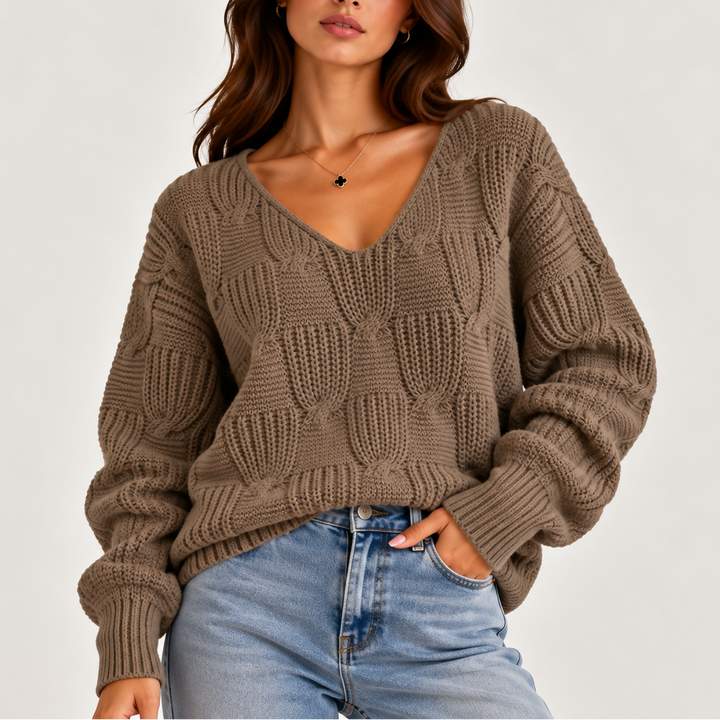 Women’s Oversized Cable Knit V-Neck Sweater – Textured Sweater