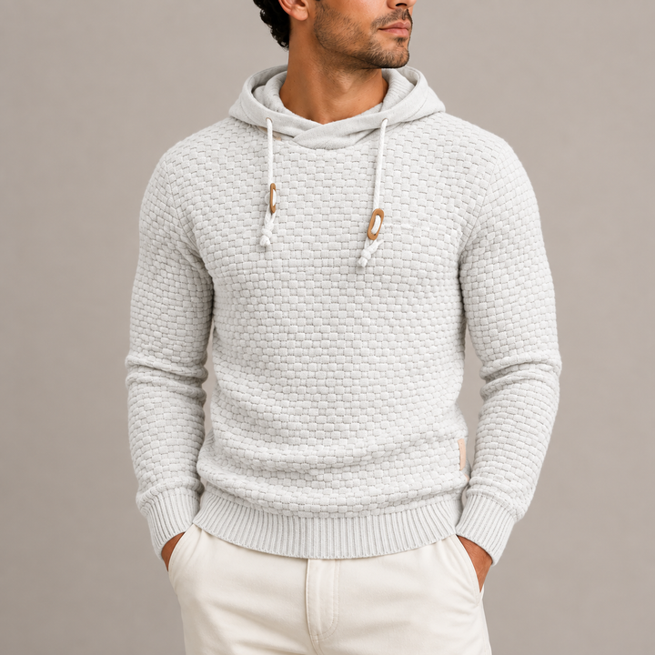 Men’s Textured Knit Pullover Hoodie with Drawstring and Ribbed Cuffs
