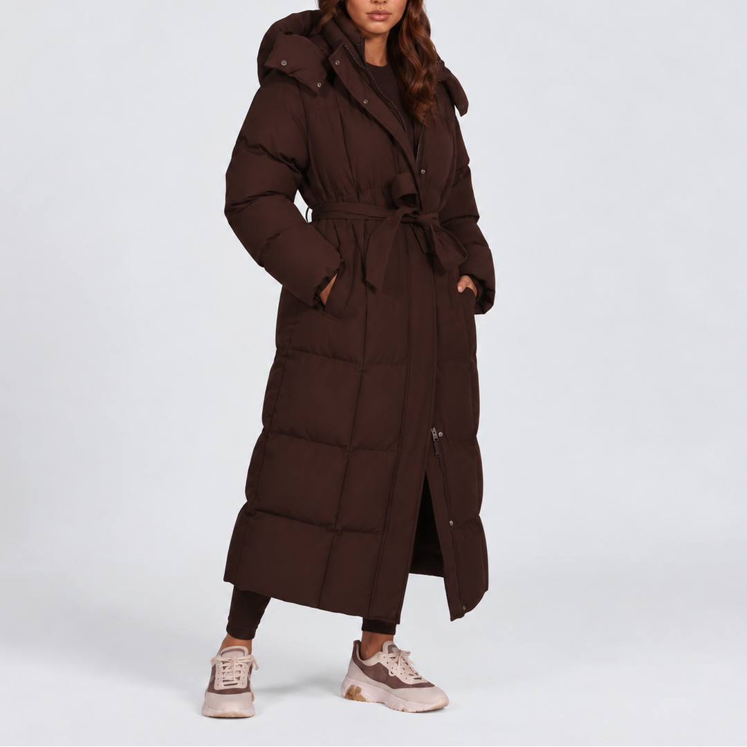 Women's Long Hooded Puffer Coat | Belted Winter Padded Jacket