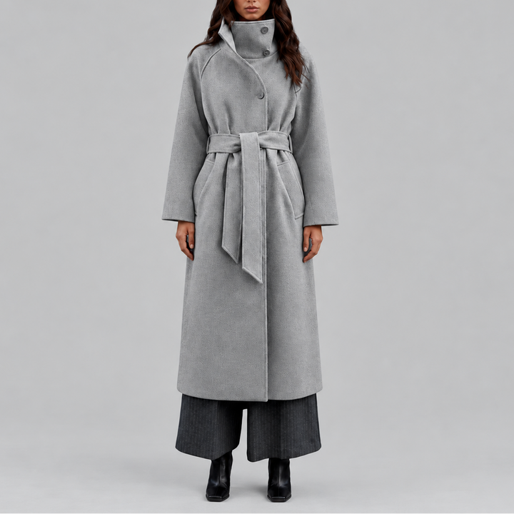 Women's Long Coat | Belted Winter Wrap Coat with Wide Collar