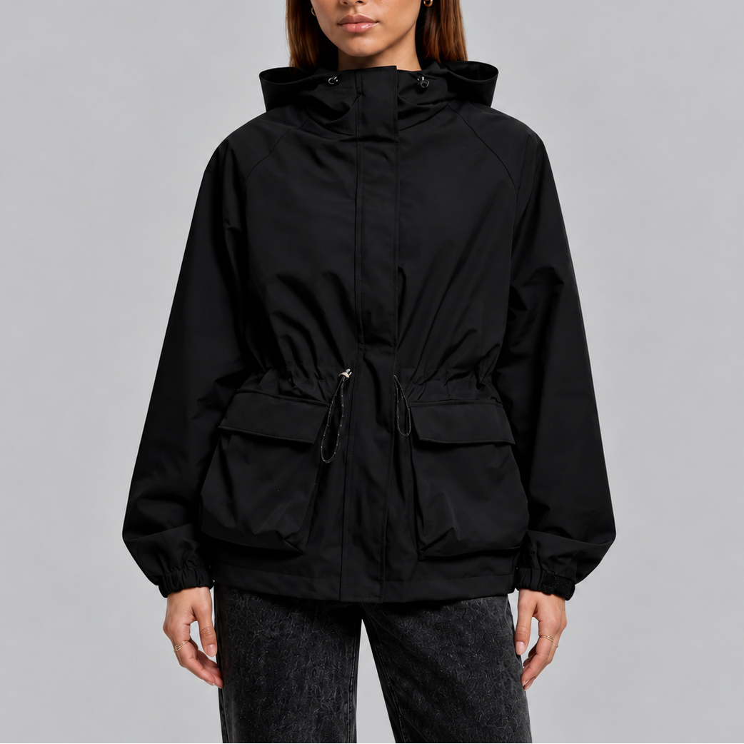 Women’s Waterproof Hooded Jacket with Adjustable Drawstring Waist