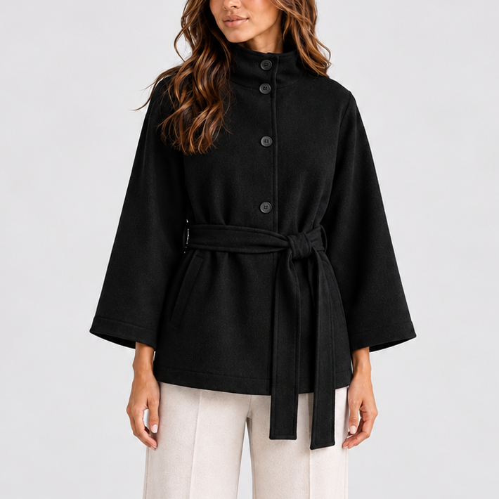 Women’s Belted Cape Jacket with Stand Collar