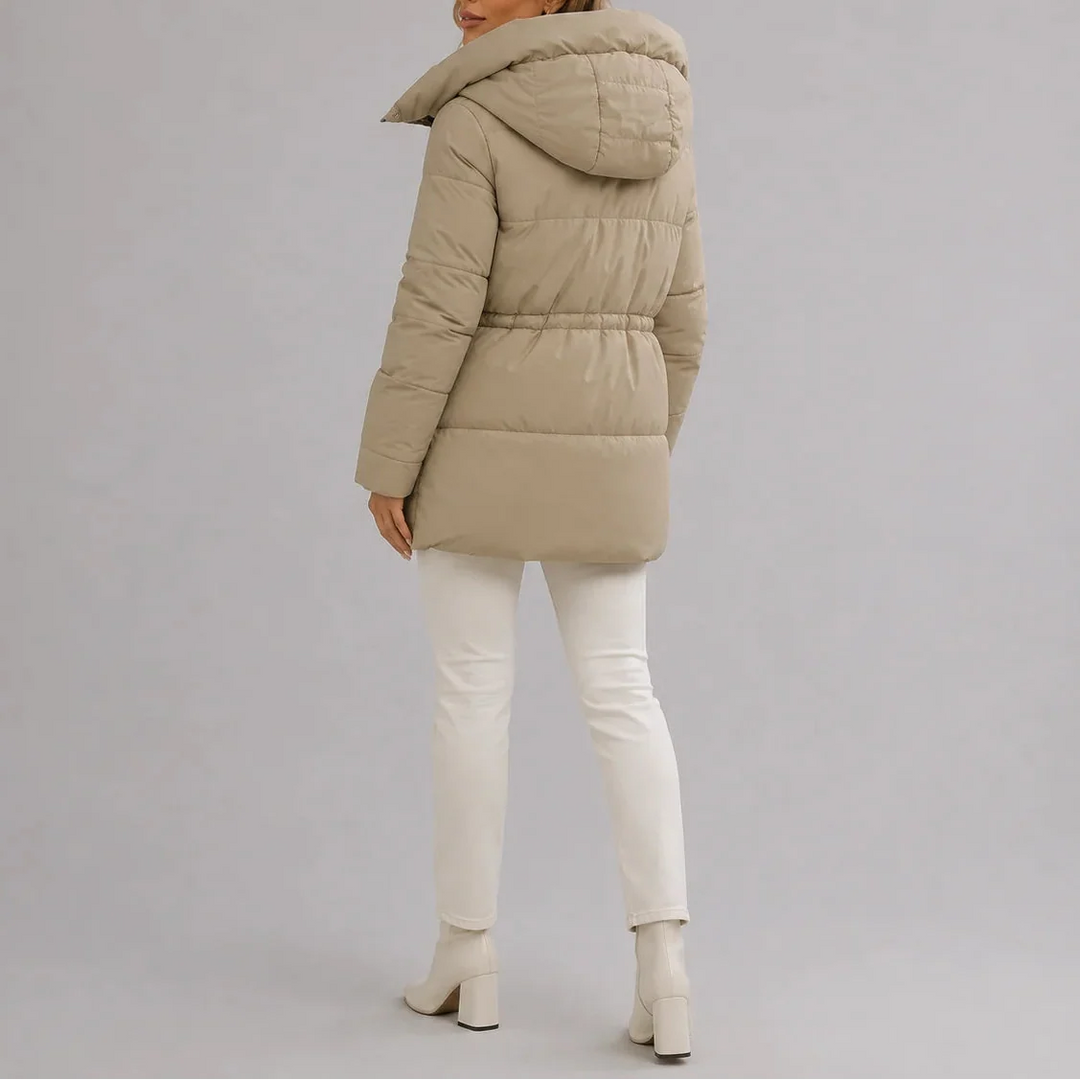 Women's Hooded Puffer Coat with Drawstring Waist and Zip Pockets