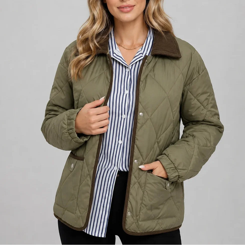 Women's Diamond Quilted Jacket with Corduroy Collar and Pockets