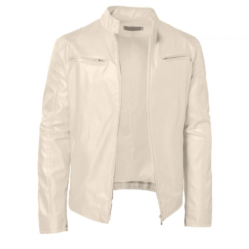 ZIPPER STAND COLLAR PU JACKET FOR MEN