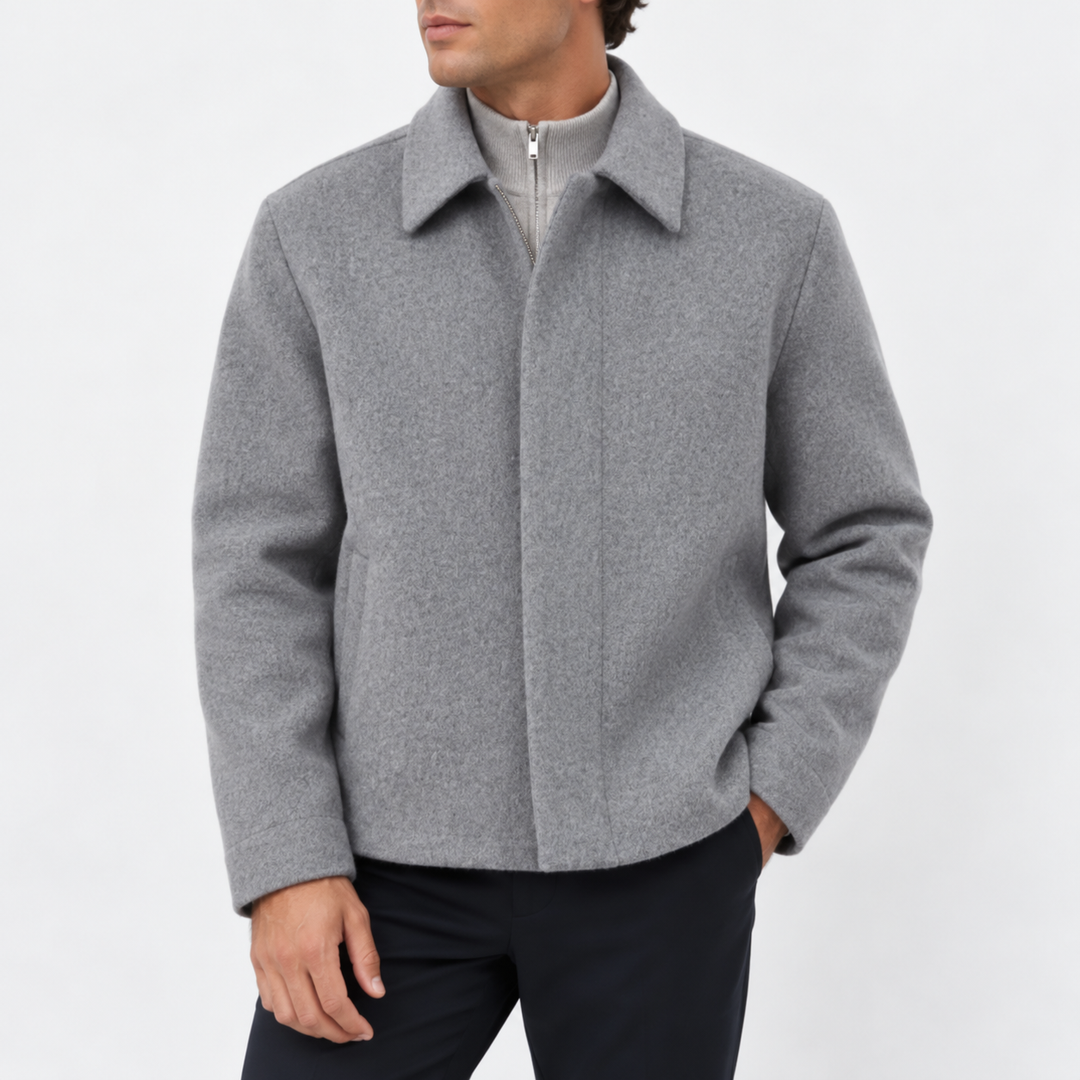 Men’s Wool Blend Zip-Up Jacket with Classic Collar