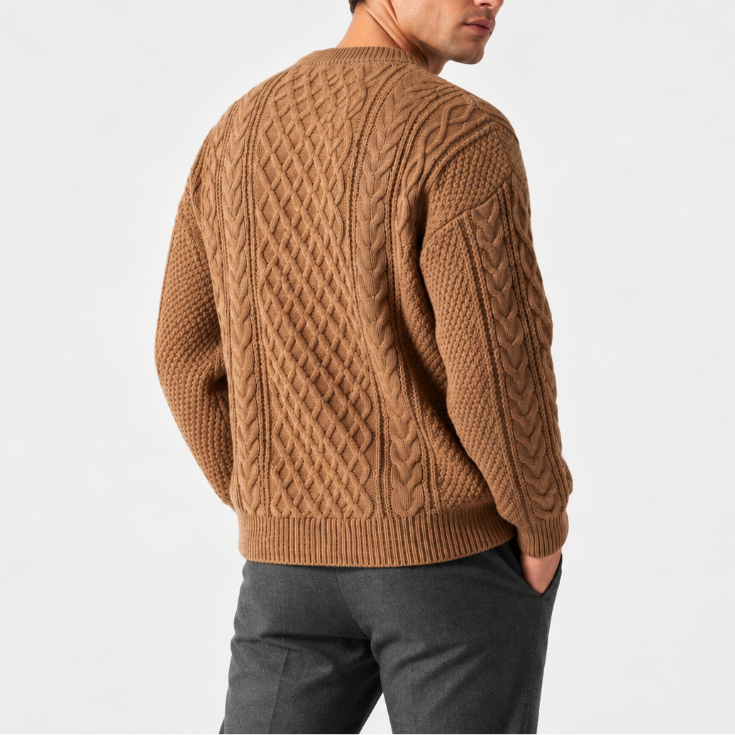 Men’s Gray Cable Knit Crew Neck Sweater – Warm Winter Sweater