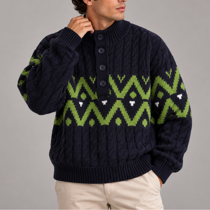 Men’s Cable Knit Half Button Sweater | Nordic Pattern Jumper
