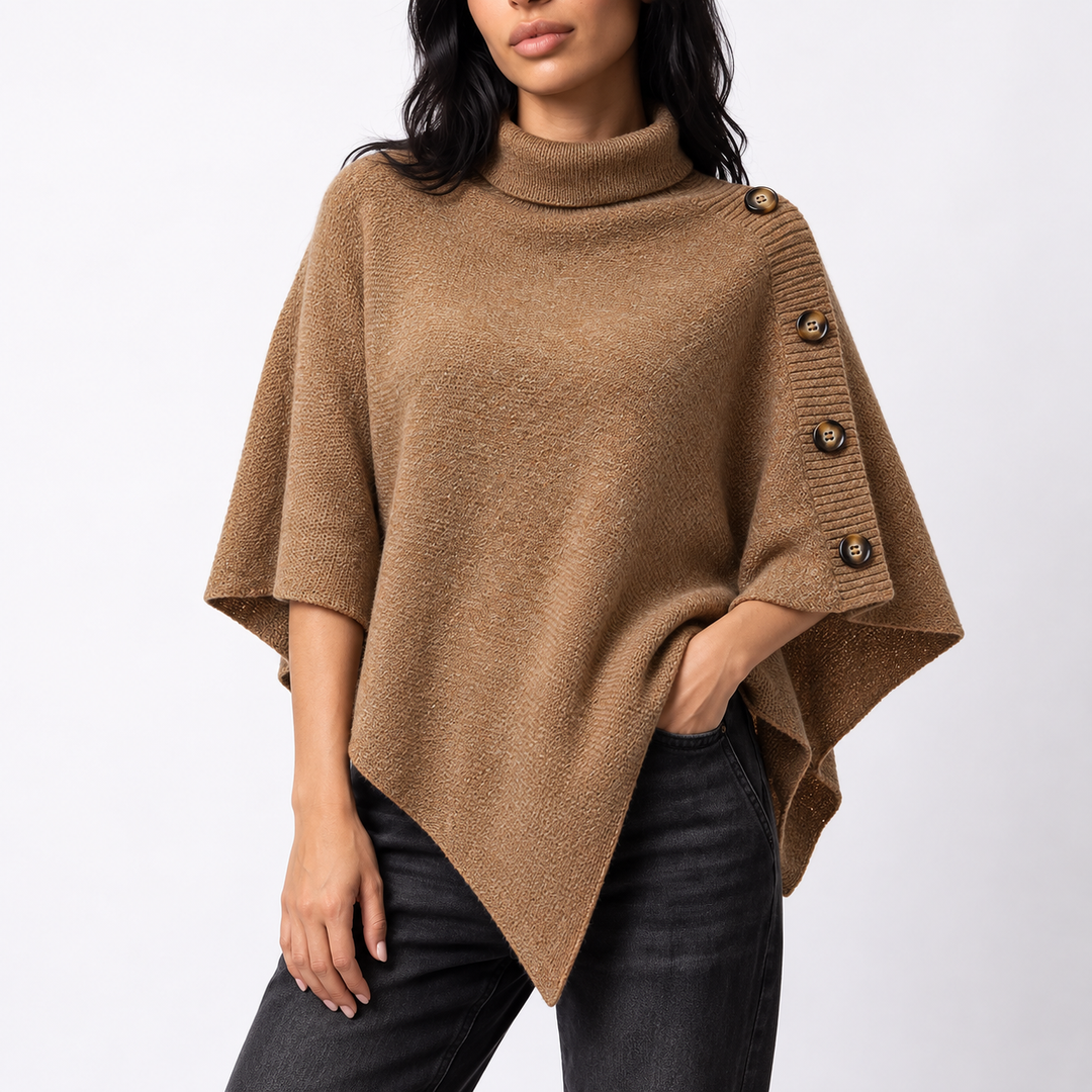 Women’s Knitted Turtleneck Poncho with Buttons and Asymmetric Hem