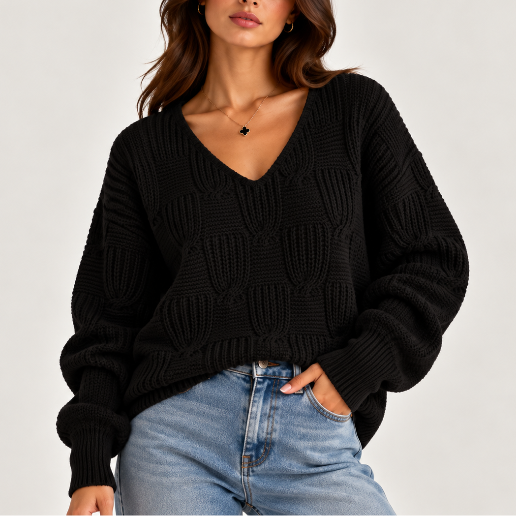 Women’s Oversized Cable Knit V-Neck Sweater – Textured Sweater