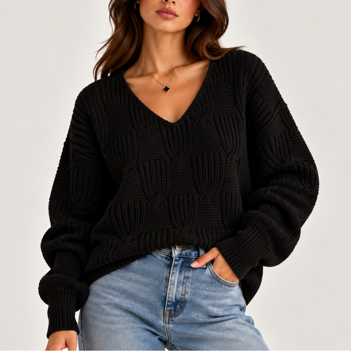 Women’s Oversized Cable Knit V-Neck Sweater – Textured Sweater