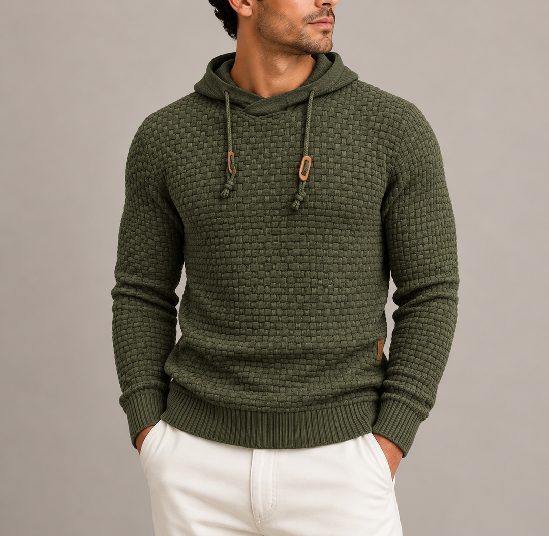 Men’s Textured Knit Pullover Hoodie with Drawstring and Ribbed Cuffs