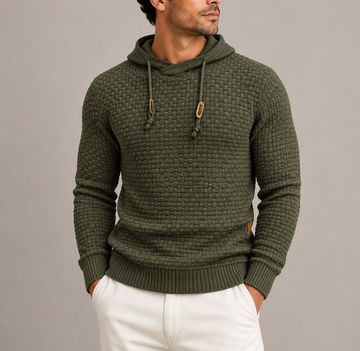 Men’s Textured Knit Pullover Hoodie with Drawstring and Ribbed Cuffs