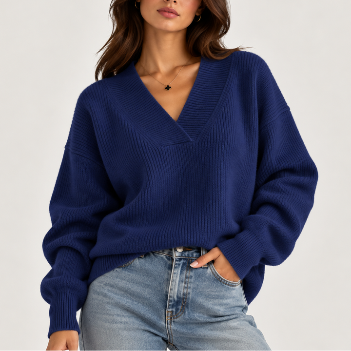 Women’s Oversized V-Neck Knitted Sweater – Soft Knit Sweater