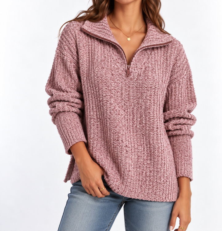 Women's Textured Knit Sweater – Quarter Zip & Relaxed Fit