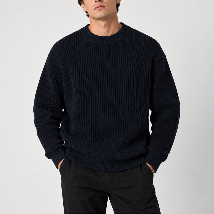 Men's Ribbed Crew Neck Knit Sweater – Relaxed Fit Pullover