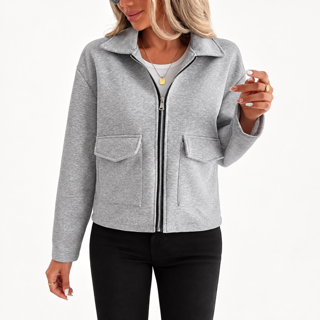 Women’s Gray Zip-Up Utility Overshirt - Long Sleeve with Flap Pockets