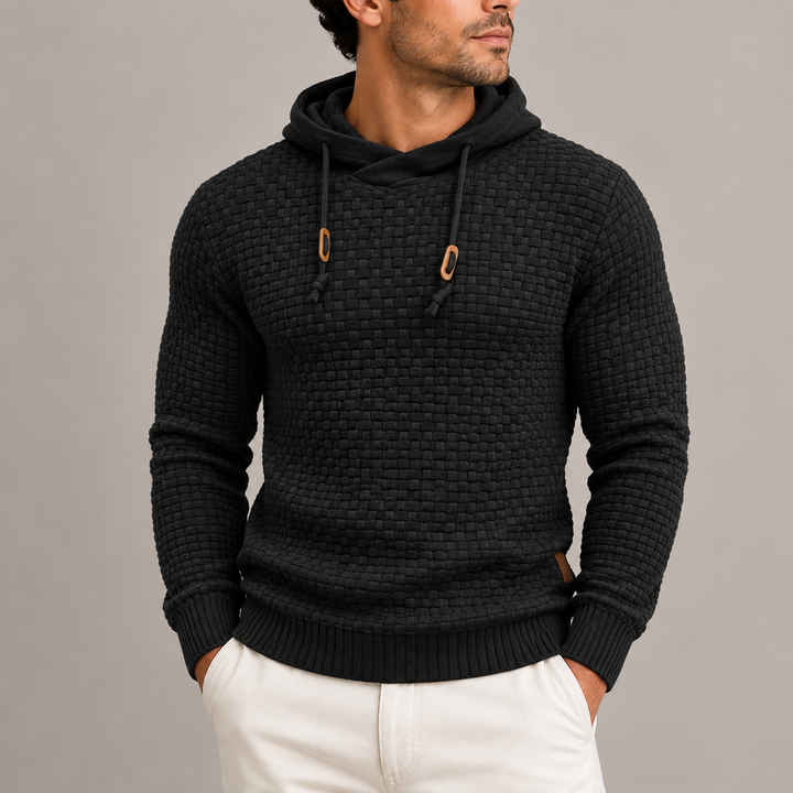 Men’s Textured Knit Pullover Hoodie with Drawstring and Ribbed Cuffs