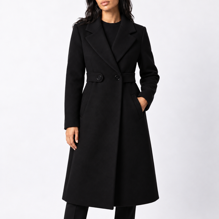 Women’s Long Belted Wool Winter Coat with Wide Lapels and Side Pockets
