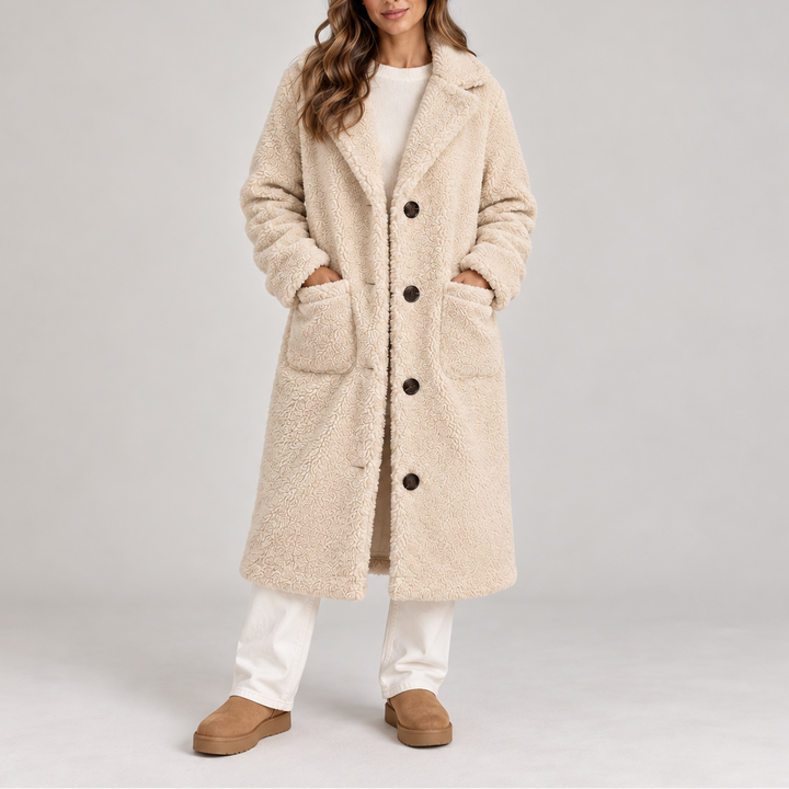 Women's Long Teddy Fleece Coat – Oversized Button Up Winter Jacket