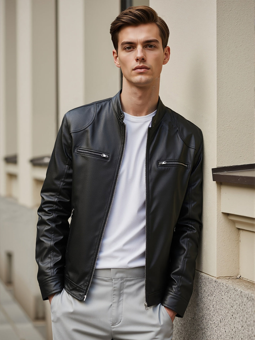 Men's Stand Collar PU Jacket