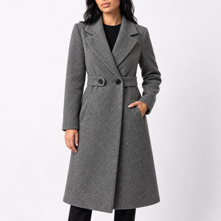 Women’s Long Belted Wool Winter Coat with Wide Lapels and Side Pockets