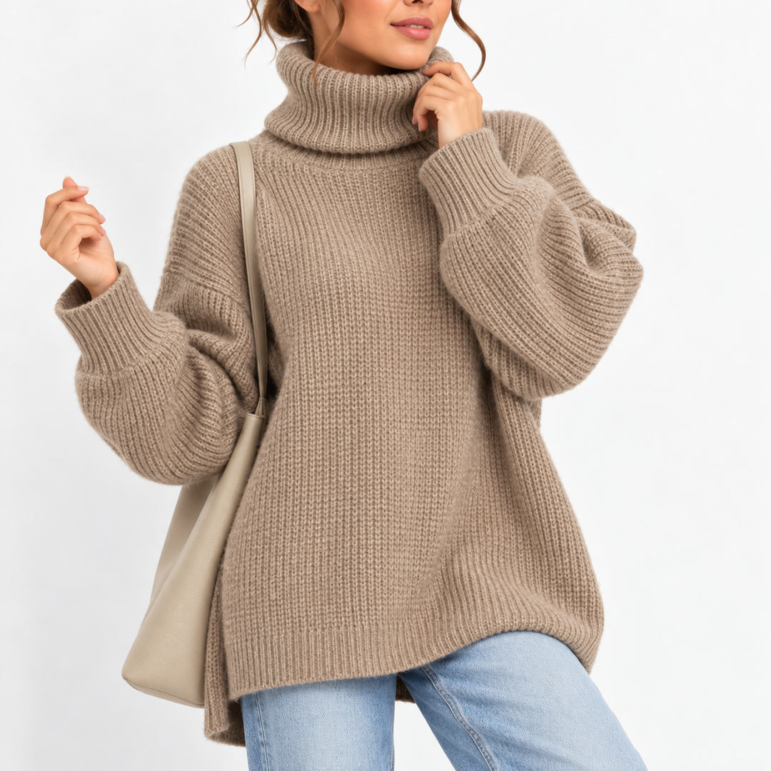 Women’s Oversized Turtleneck Sweater with Waffle Knit Texture