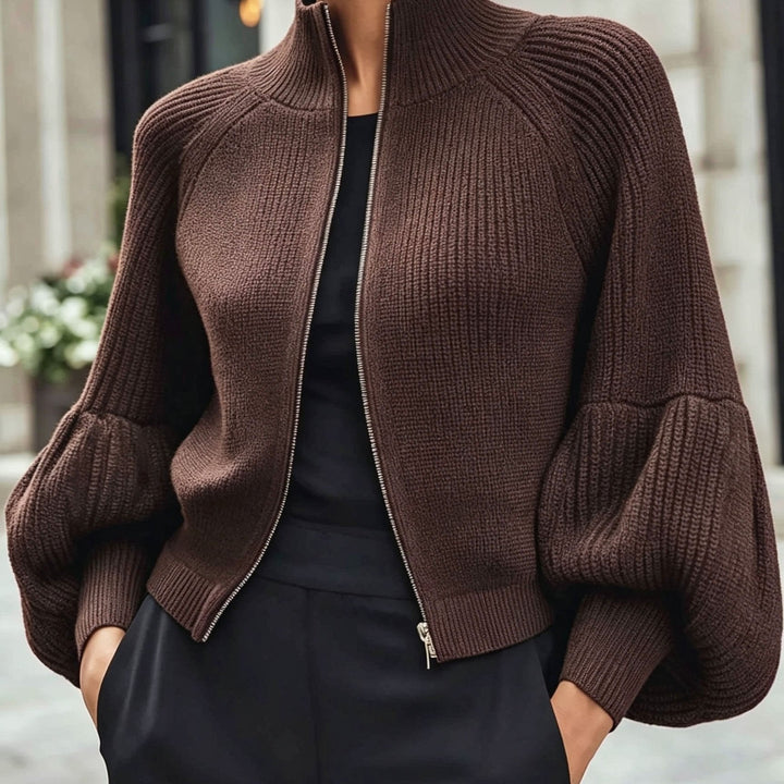 Gwyneth | Zip-Up Puff-Sleeve Cardigan